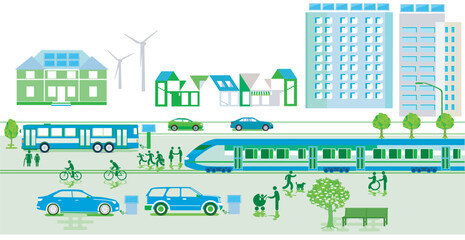 Schnellzug und Bus, Elektro-Autos, gr&uuml;ne-Stadt, freisteller Illustration..eps