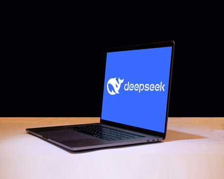 Deepseek AI model launched in January 2025 in China, the deepseek logo is showned on laptop screen