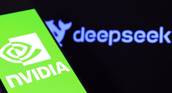 Nvidia and deepseek logos on smartphone screen, technology branding concept