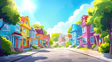 A cartoon illustration of a suburban street.