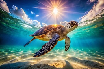 Obraz premium Graceful Sea Turtle Underwater Macro Photography: Serene Ocean Scene