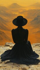 Woman in black dress, desert vista, sunset contemplation, travel brochure