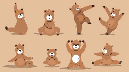 Fototapeta premium A set of cartoon brown bears practicing yoga.