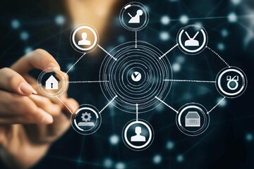 Fototapeta premium Customer relationship management concept. Customer profile icons connected to target customer relationship management and targeted marketing strategies. Community online network technology