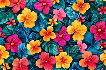 Vibrant tropical floral pattern featuring colorful hibiscus flowers and lush green leaves, ideal for backgrounds