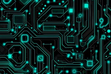 Abstract close-up of a glowing blue digital circuit board, showcasing intricate connections and technological design on a black background.
