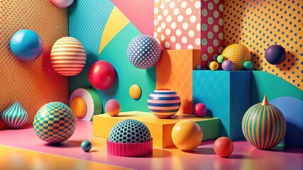 Vibrant abstract composition featuring multicolored spheres and geometric shapes on colorful patterned backgrounds
