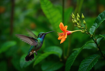 Fototapeta premium hummingbird in tropical forest with flower