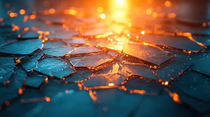 Smashed glass tabletop with jagged edges and scattered shards in a bright room