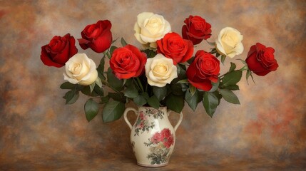 Obraz premium Elegant Bouquet of Red and Cream Roses in Vintage Vase