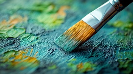 Fototapeta premium Soft fan brush blending pale green and blue watercolor on textured paper