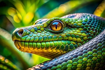 Obraz premium Green Anaconda Close Up: Giant Snake of the Amazon Rainforest
