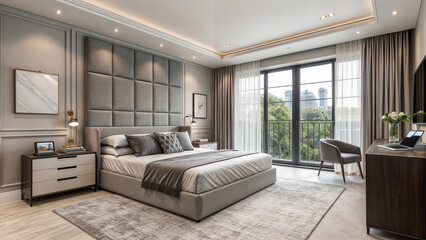 modern, interior, bedroom, gray tones, asceticism, cleanliness, order