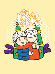 eid mubarak doodle with kids cartoon character