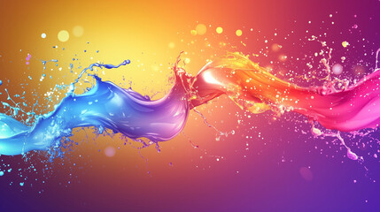 Dynamic abstract image of fluid paint in vibrant blue, purple, orange, and pink hues splashing and blending against a glowing gradient background, representing energy and artistic flow