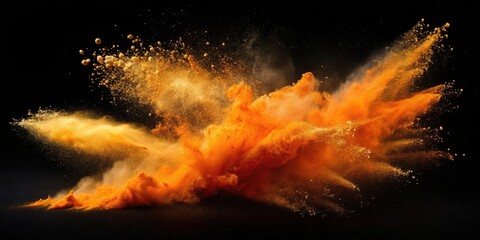 Dynamic orange and gold powder explosion against a black background, showcasing a vibrant and energetic burst of color