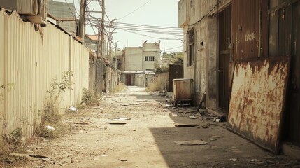 Narrow, dusty alleyway between rundown buildings, littered with debris and showing signs of neglect.