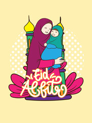eid mubarak doodle with kids cartoon character