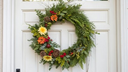 Naklejka premium Floral Wreath on White Door