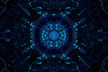 Obraz premium Abstract close-up of a glowing blue digital circuit board, showcasing intricate connections and technological design on a black background. 