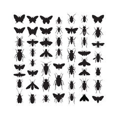 stunning black silhouette vector images of butterflies, ants, bees, beetles, dragonflies, grasshoppers, mosquitoes, ladybugs, crickets, wasps, cockroaches, termites, mantises, flies, cicadas, aphids, 