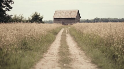 Obraz premium Rustic wooden barn in a golden field, dirt road leading to it.