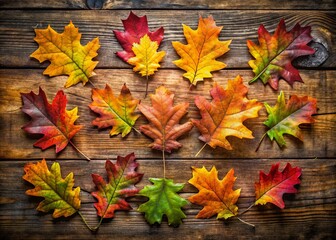 Grunge Autumn Oak Leaves on Rustic Wooden Table - Copy Space Flat Lay