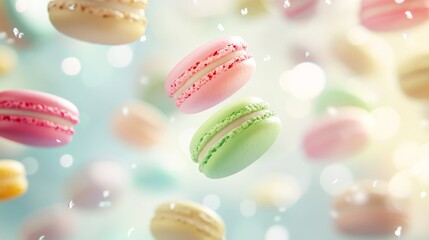 Vibrant macarons cascading down against a gentle, soft focus background of pastel colors