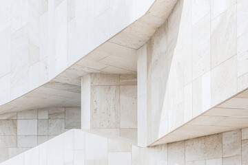 Obraz premium Modern architectural design featuring curved white stone walls and geometric patterns in an urban setting