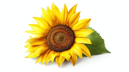 Obraz premium A vibrant yellow sunflower with green leaves on a white background.