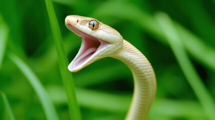 Fototapeta premium snake with its mouth wide open is emerging from tall green grass, showcasing its striking features and vibrant colors