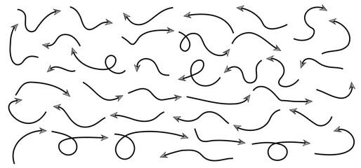 Obraz premium Hand-drawn Doodle arrows icon set or graphics collection. Pointer icons. Pointer graphic symbols. Sketch arrow design for business plan and education. Vector illustration.