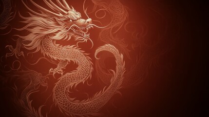 Elegant Chinese Dragon Art, Red Background, Intricate Design