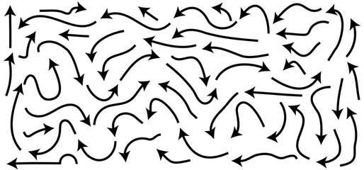 Hand-drawn Doodle arrows icon set or graphics collection. Pointer icons. Pointer graphic symbols. Sketch arrow design for business plan and education. Vector illustration.