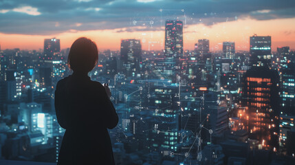 Abstract business woman stands on Smart digital Innovation city with connection network reciprocity over the twilight cityscape. of future wireless digital city and social media networking systems