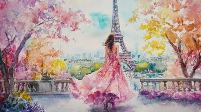 painting watercolor woman in paris. Selective focus.