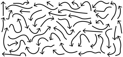 Hand-drawn Doodle arrows icon set or graphics collection. Pointer icons. Pointer graphic symbols. Sketch arrow design for business plan and education. Vector illustration.