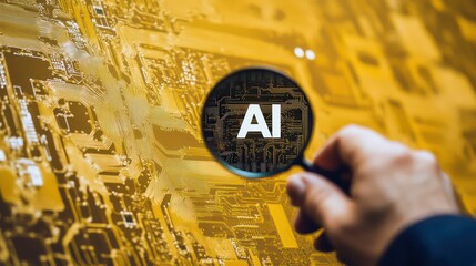 Businessman holding magnifying glass showing ai sign on yellow background with printed circuit board tracks