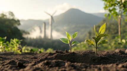 carbon footprint and measurement concept. New plants growing in soil with wind turbines and mountains in the background.