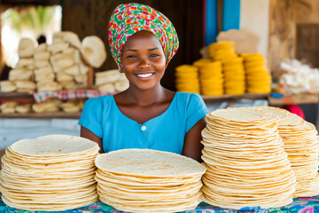 Smiling african woman selling stacks of injera flatbread at market stall