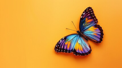 A colorful butterfly with its wings spread, standing on an orange background.