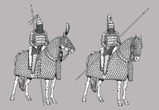 Handmade historical drawing with the Parthian heavily armed horsemen. Armoured heavy cavalry - Parthian Cataphract.	