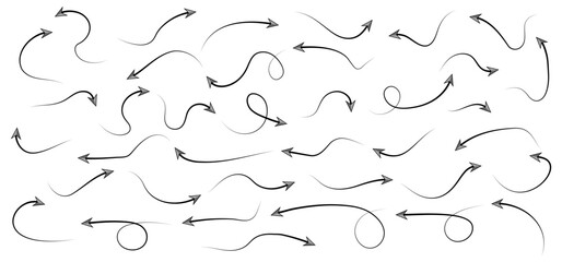 Hand-drawn Doodle arrows icon set or graphics collection. Pointer icons. Pointer graphic symbols. Sketch arrow design for business plan and education. Vector illustration.