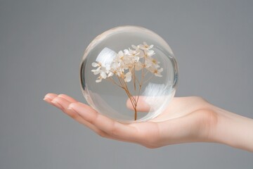 Delicate flowers encased in a glass sphere held by a hand.