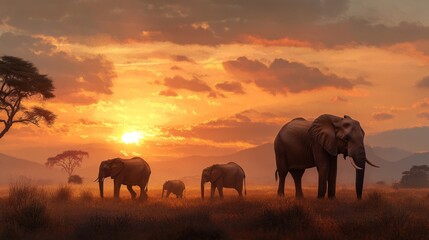 Fototapeta premium Sunset over elephants in a serene savanna landscape.