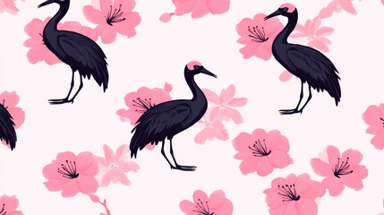 Elegant Cranes and Pink Blossoms Seamless Pattern