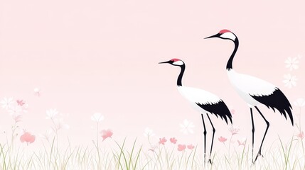 Fototapeta premium Elegant Cranes in Pink Floral Meadow Landscape