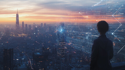 Abstract business woman stands on Smart digital Innovation city with connection network reciprocity over the twilight cityscape. of future wireless digital city and social media networking systems