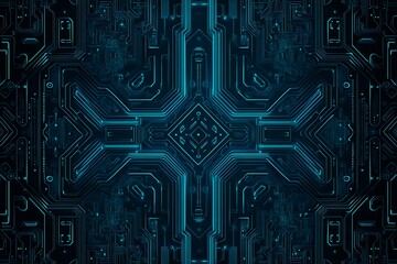Abstract close-up of a glowing blue digital circuit board, showcasing intricate connections and technological design on a black background.
