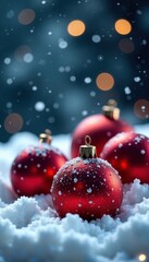 Sparkling snowflakes surrounding three bright red baubles, winter wonderland, christmas decorations, bauble decor